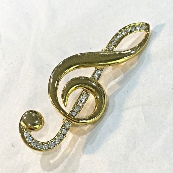 Treble Clef Brooch for Music Lovers Goldtone Pin & Clear White Rhinestones - Picture 3 of 5